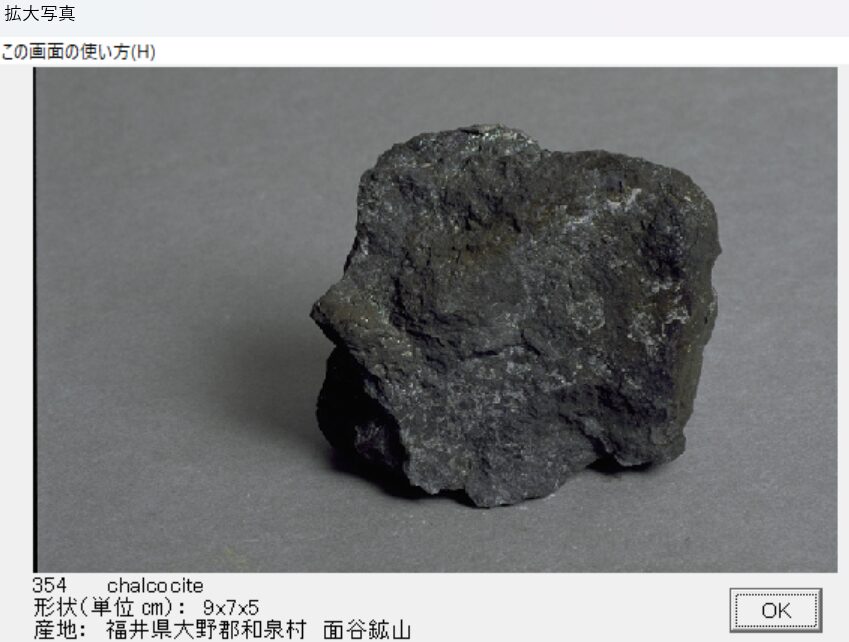輝銅鉱 福井県大野郡和泉村　面谷鉱山 出典：本邦鉱物標本